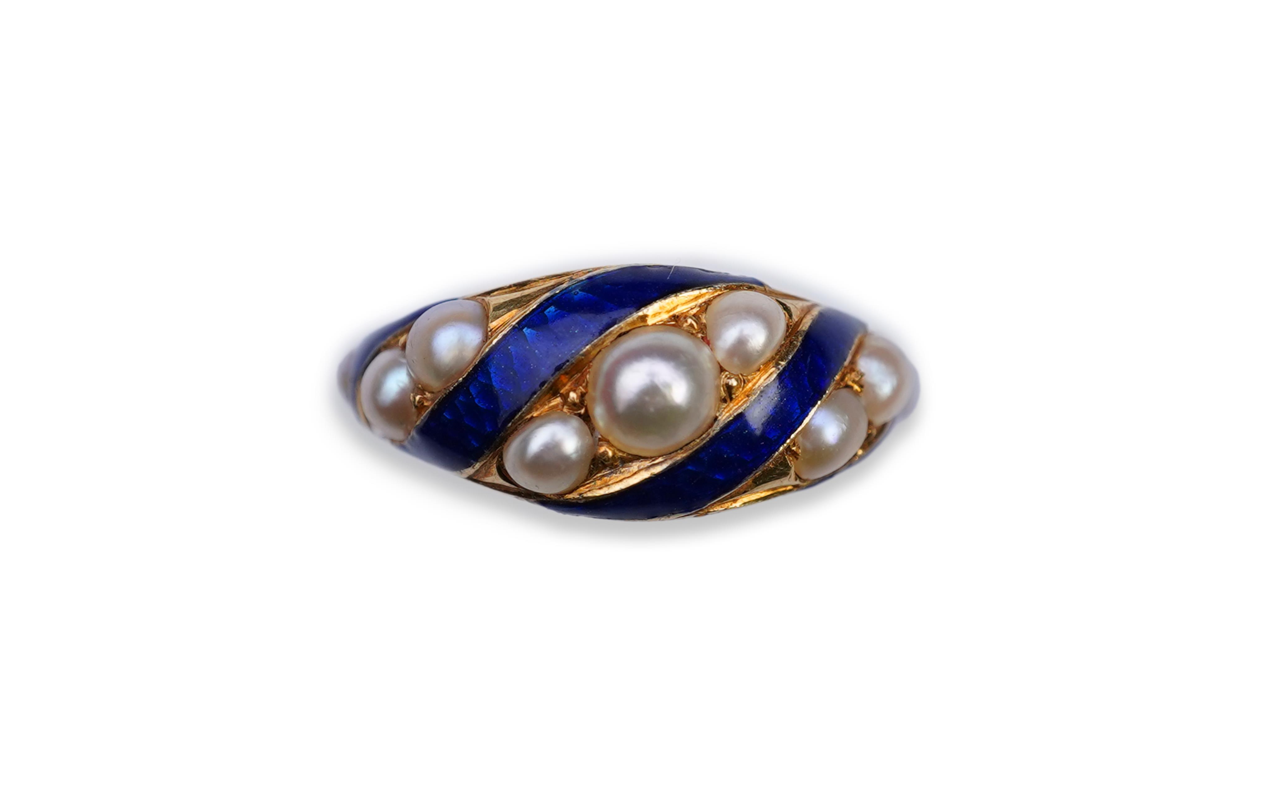 A Victorian half pearl and blue enamel ring, mid 19th century